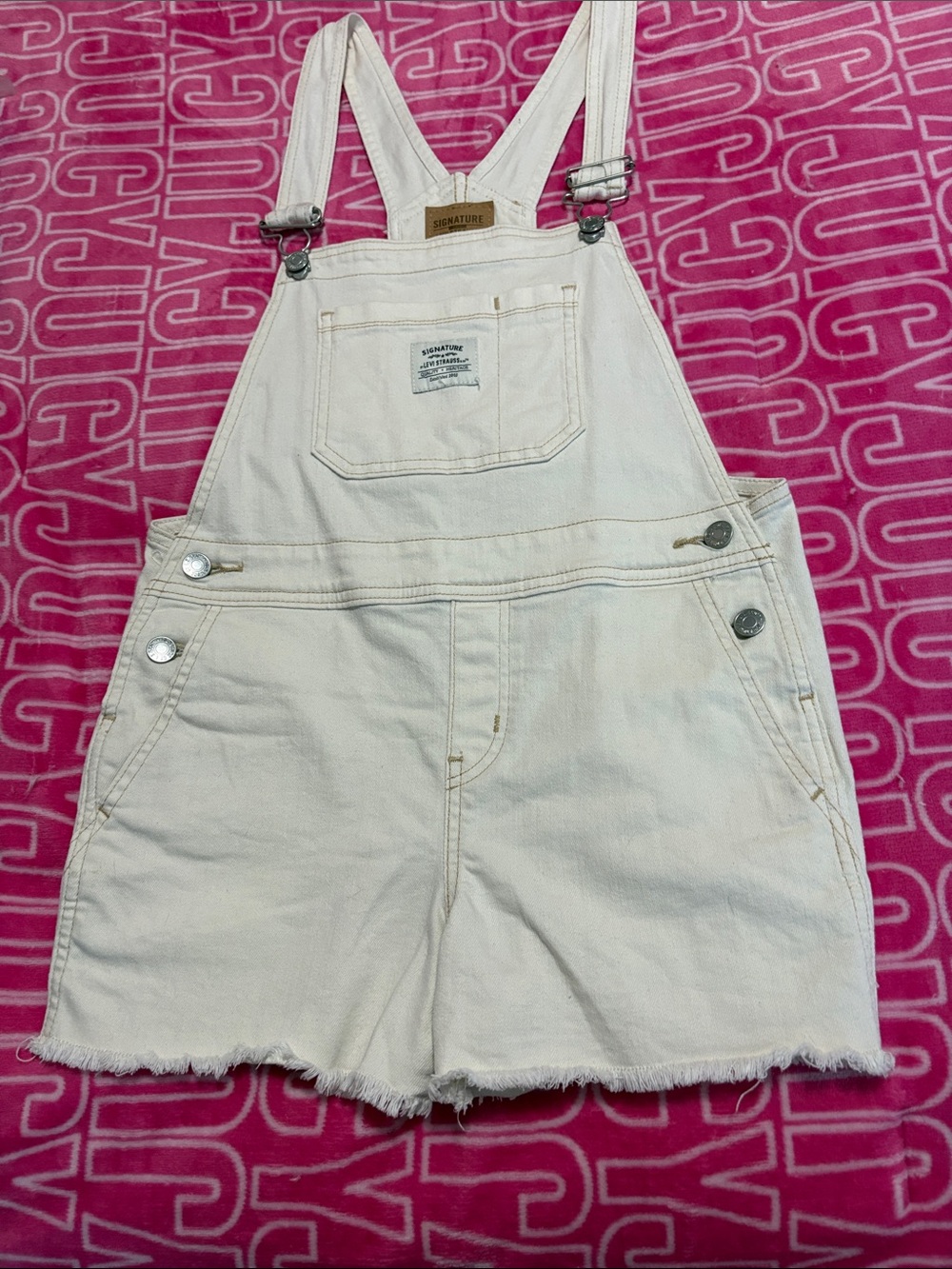 Signature Cream Denim Shortalls with Frayed Hem